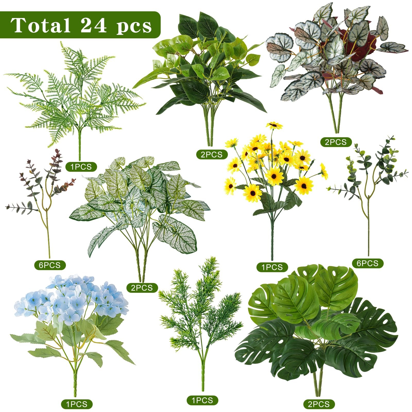 24 Pcs Outdoor Artificial Plants UV Resistant Fake Greenery Stems Faux Shrubs…