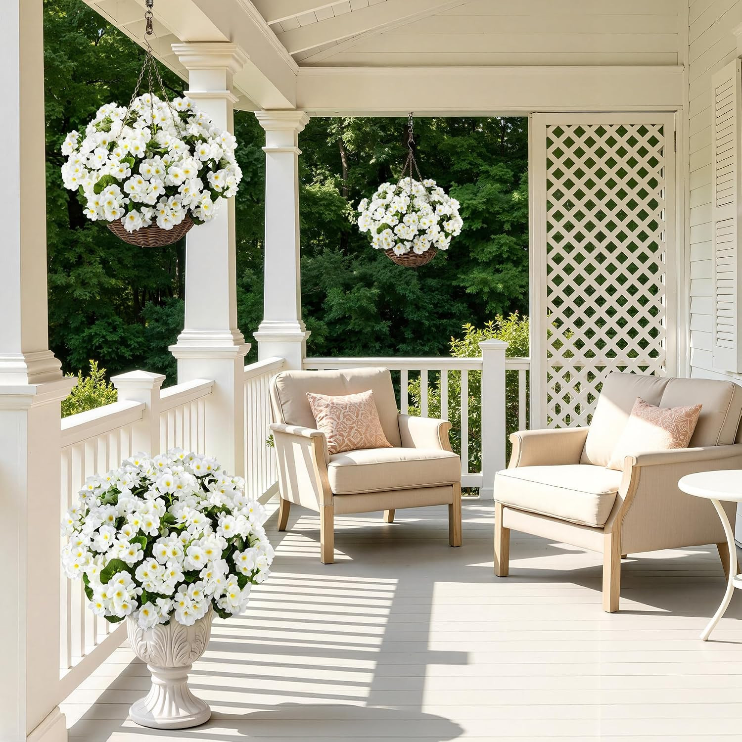 Geraniums Artificial Flowers for Outdoors, UV Resistant, White | Plastic Flowers