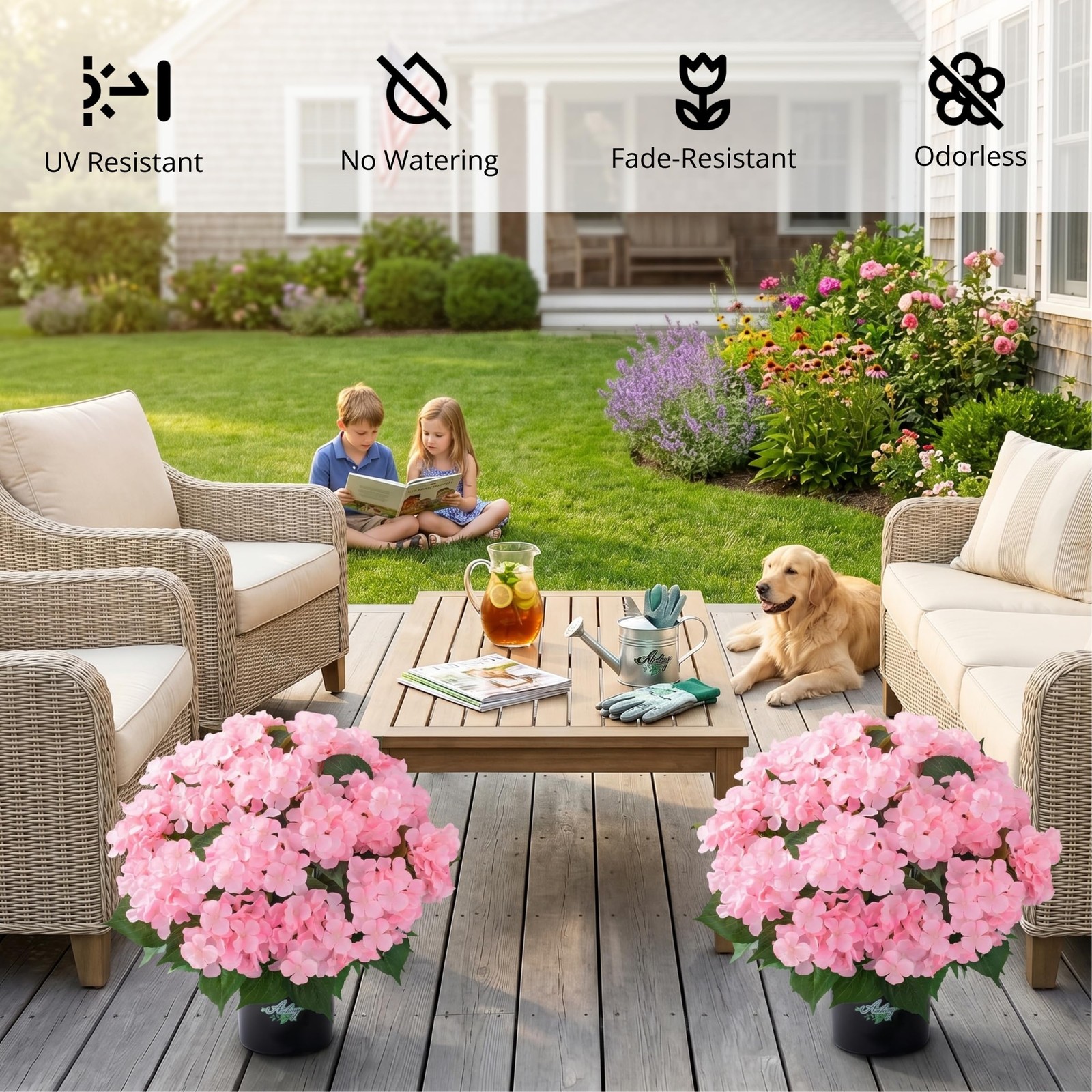 2 Potted Pink Hydrangea Artificial Flowers, Faux Hydrangea Outdoor