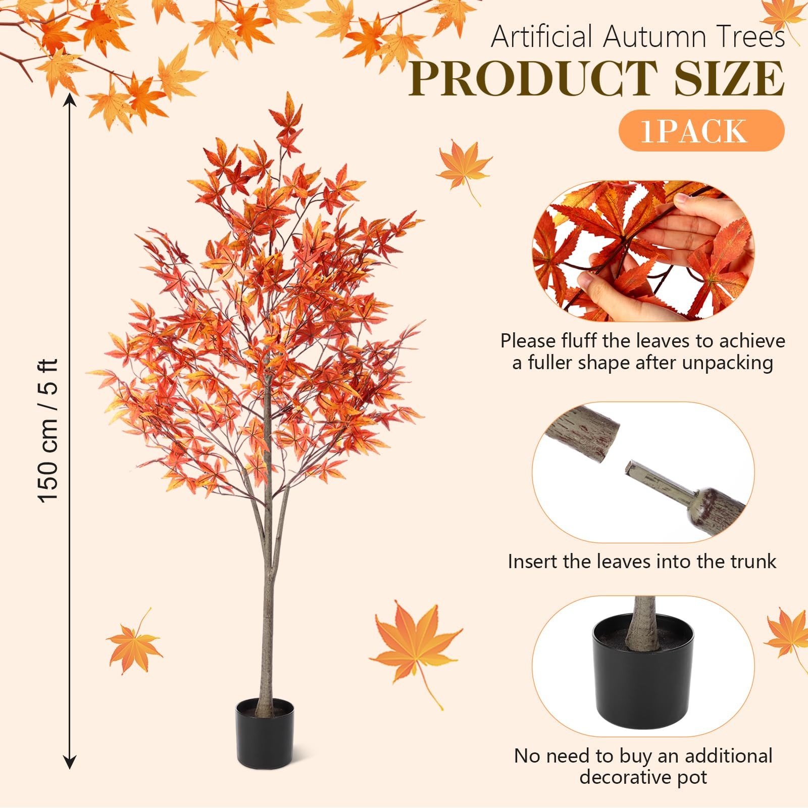 5Ft Faux Thanksgiving Maple Tree Orange Potted Fake Tall Plants, Thanksgiving…