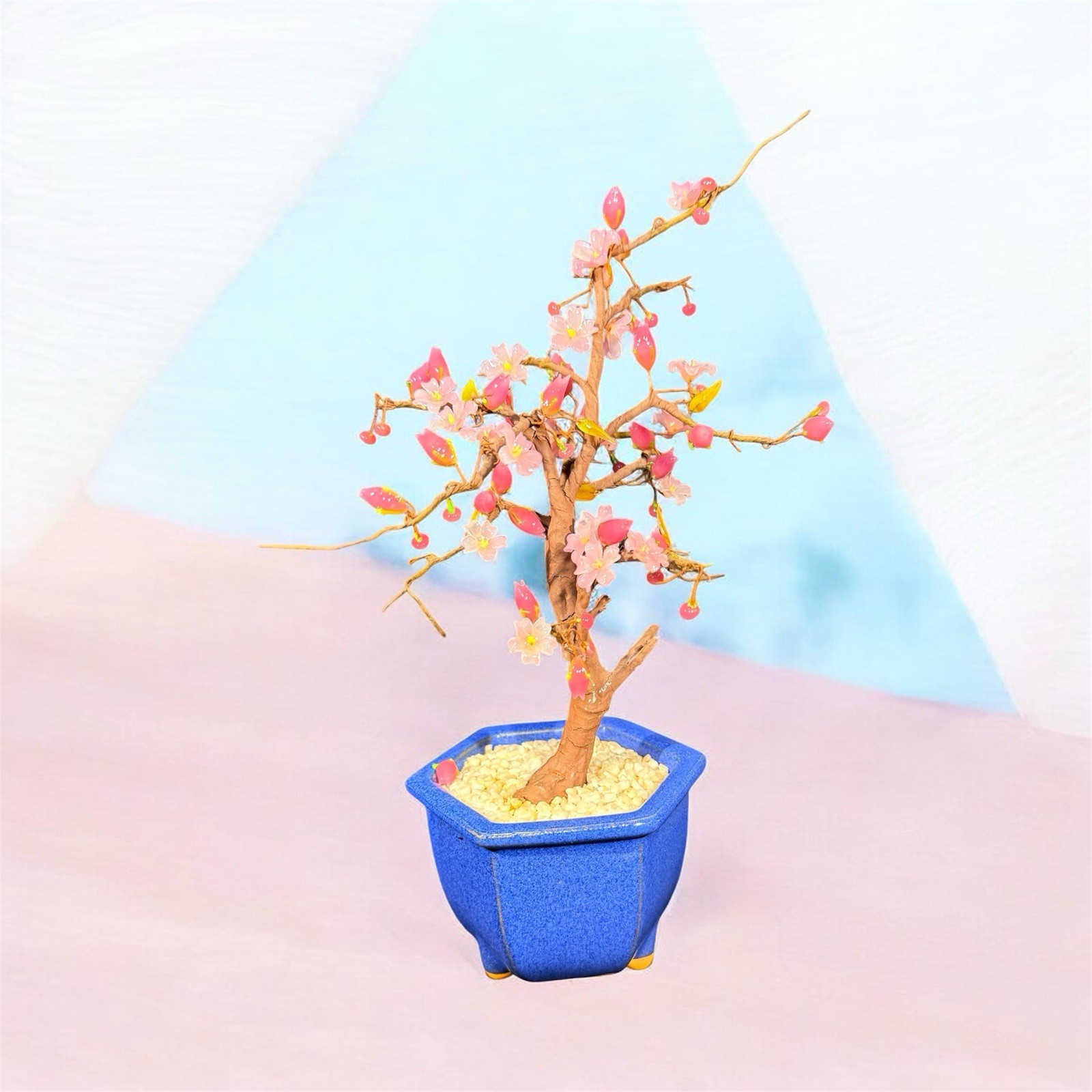 Bonsai Tree handcrafted Glass Flowers Leaves Artificial Plant