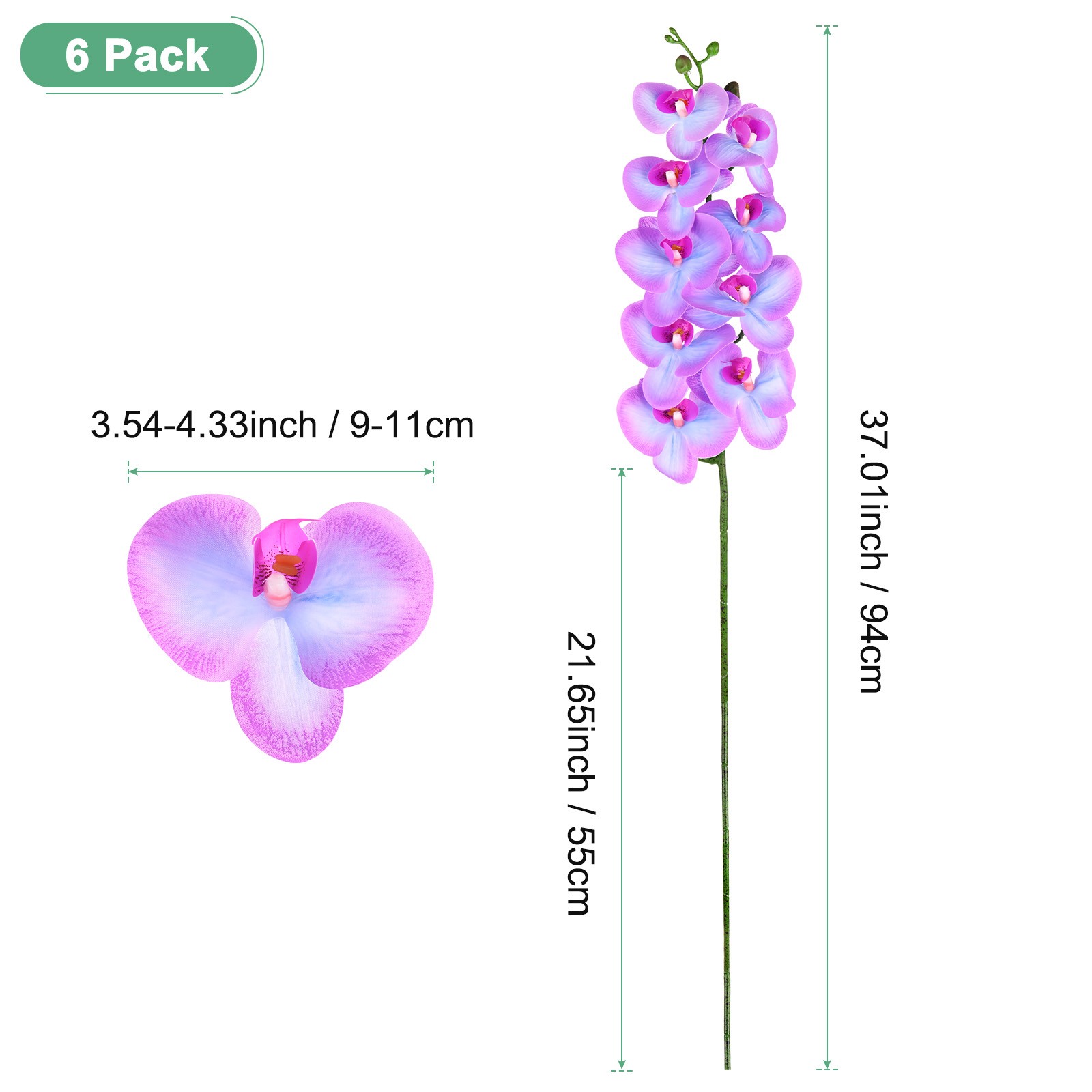 6-Pack Artificial Orchid Flowers 9 Large Petals for Home[Blue Purple]