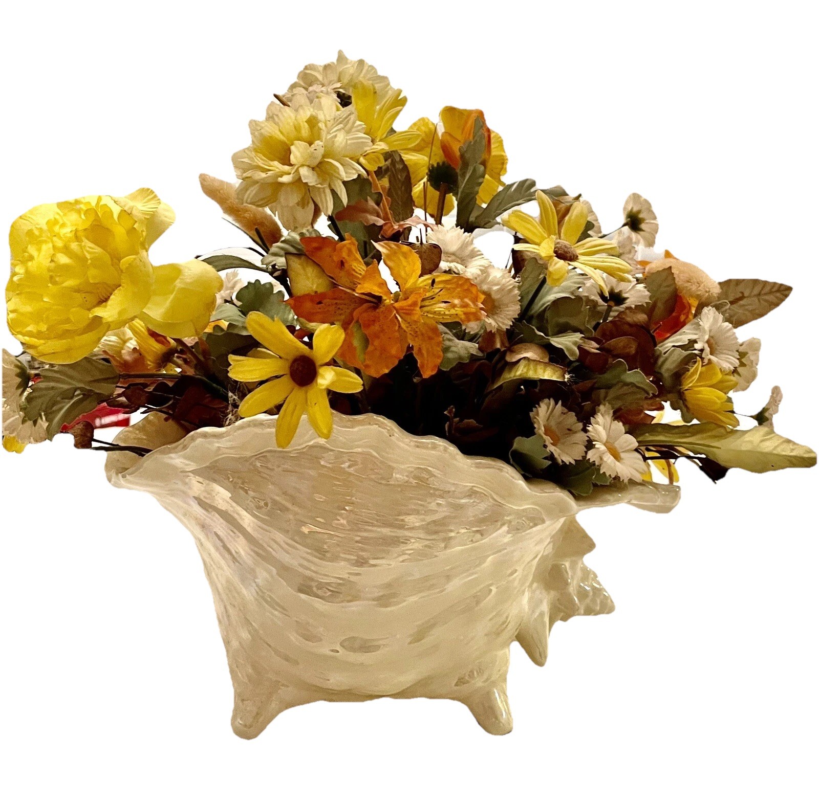 Floral Decor Multiple Silk Flowers In Ceramic Conch Sea Shell Planter 13” H