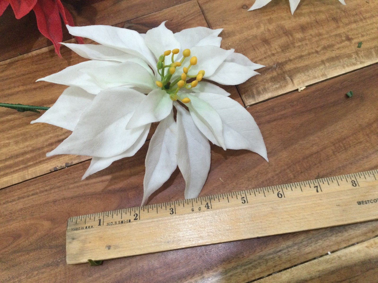 set 3 + extra ’60 Poly Plastic Hong Kong poinsetia large 6” bloom 11”length