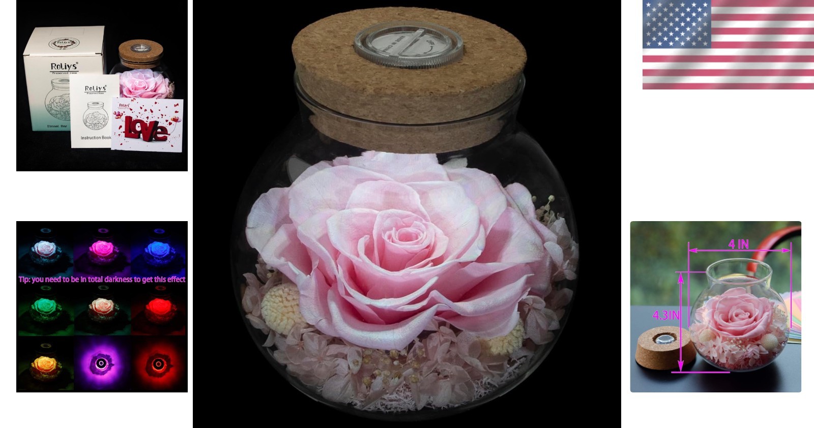 Eternal Pink Preserved Rose in Colorful Mood Light Wishing Bottle – 4.3inch