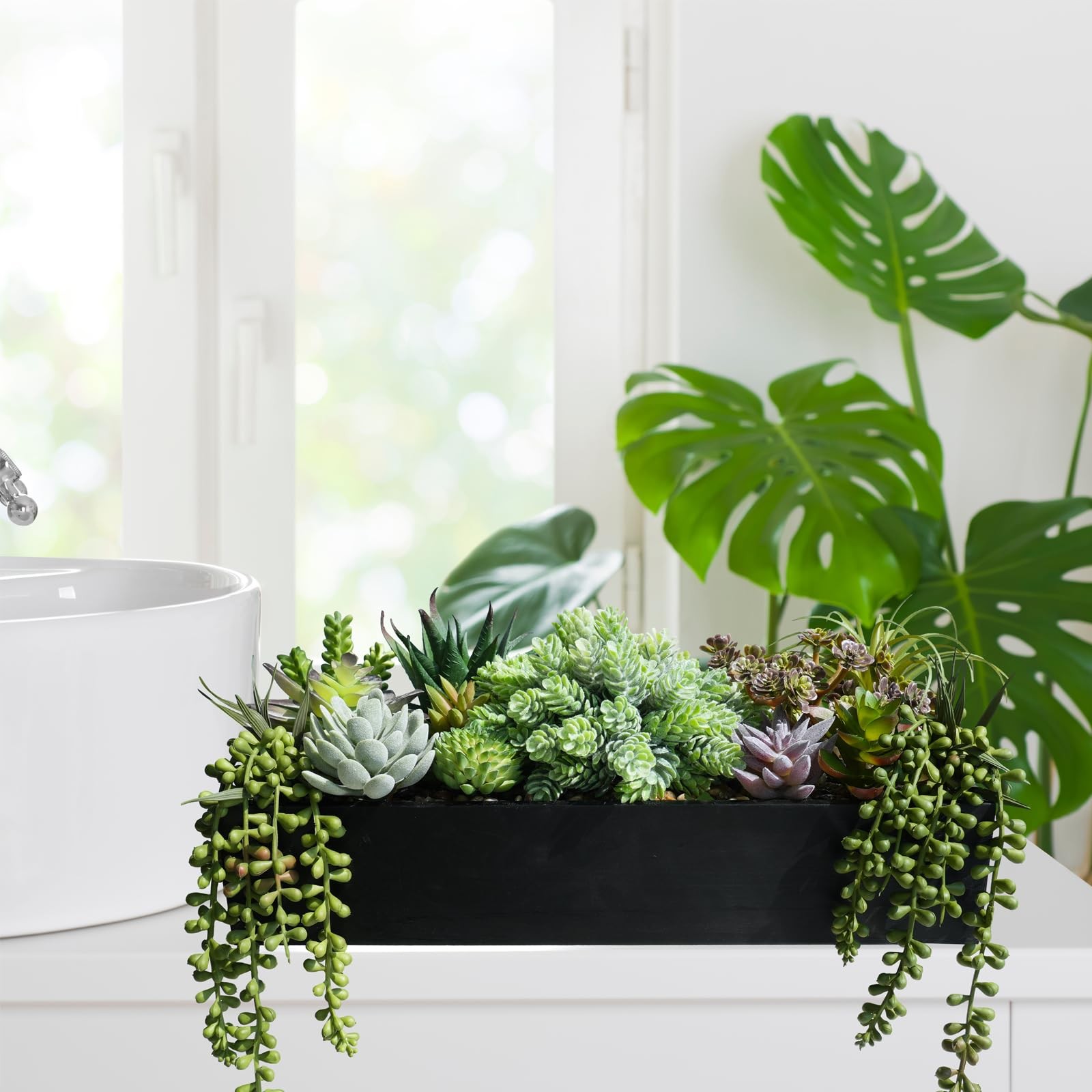 15″ Artificial Succulents Arrangement Faux Succulents in Rectangular Black Wo…