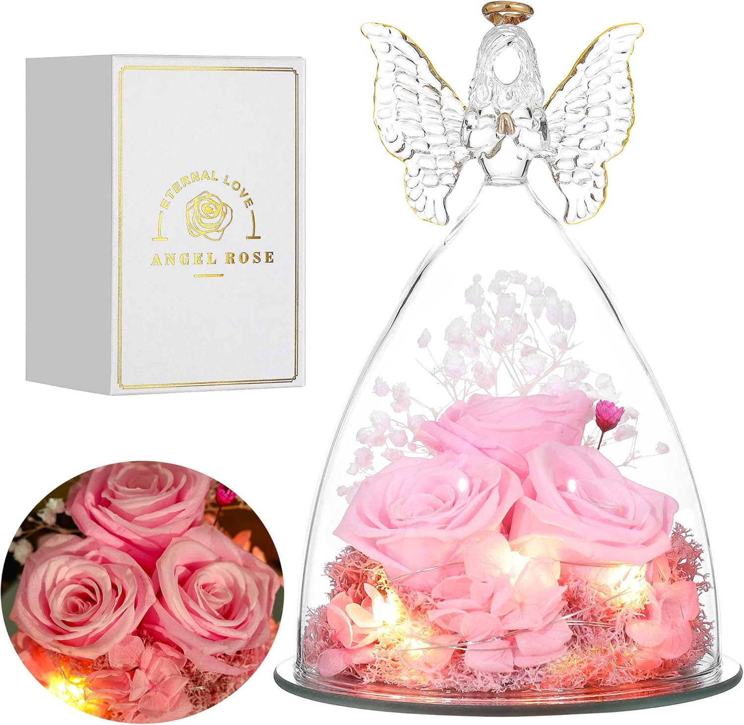 Mothers Day Rose Gifts for Women Preserved Real Flower in Glass Angel Figurines