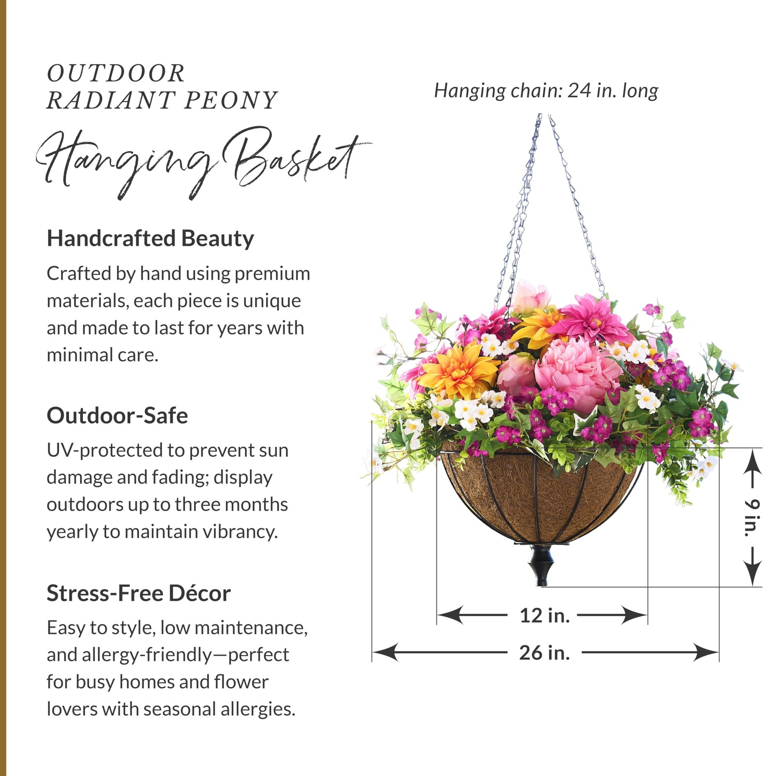 Outdoor Radiant Peony Spring & Summer Hanging Basket – 26″ Premium UV-Protect…