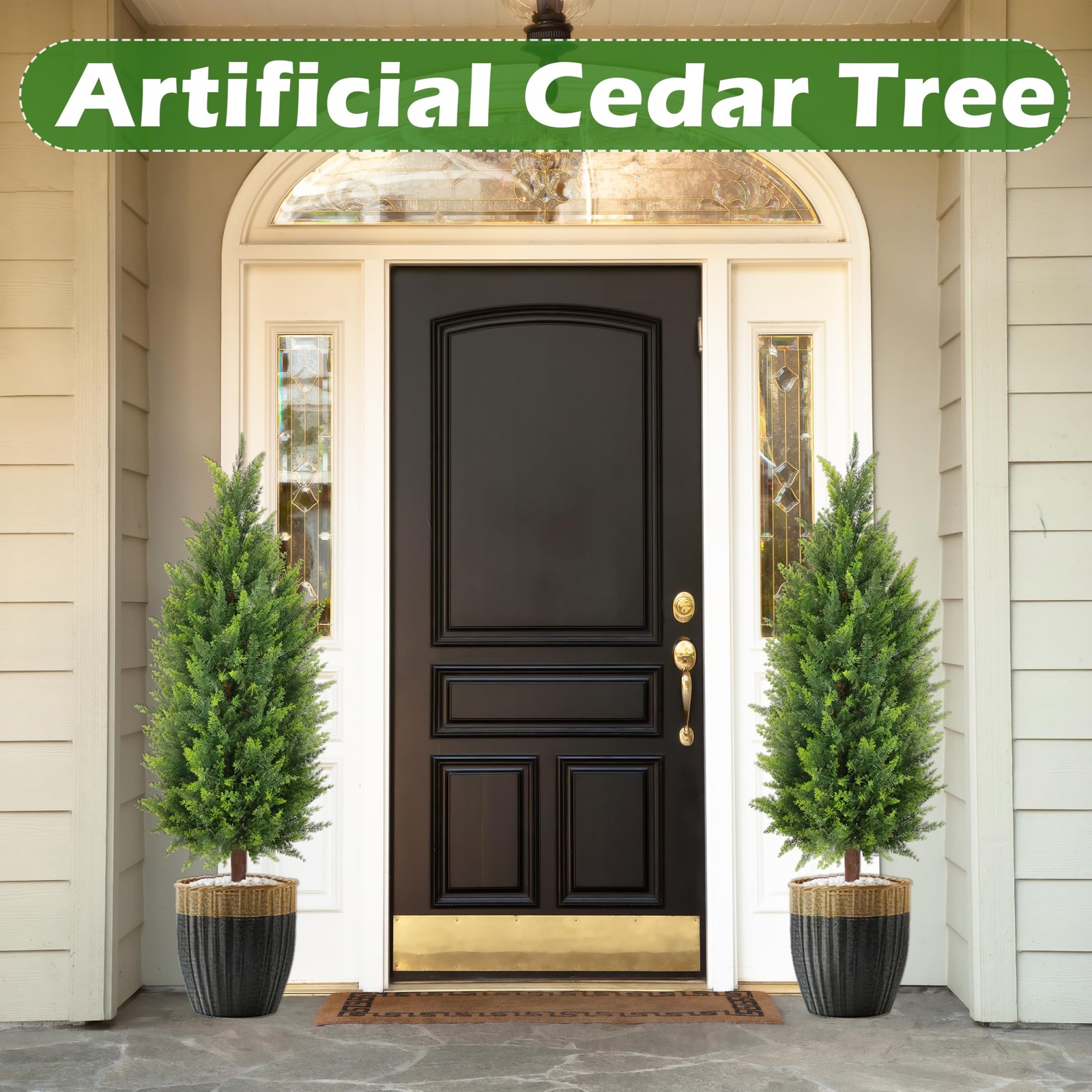 2 Packs 35.5″ Artificial Cedar Tree, Fake Cedar Shrub Bushes Trees with Spike…