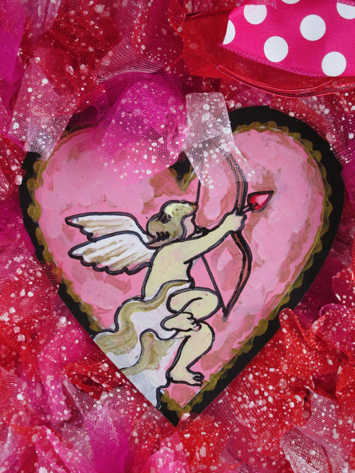 Red, White, and Pink Faux-Snow Deco Mesh Heart-Shaped Wreath