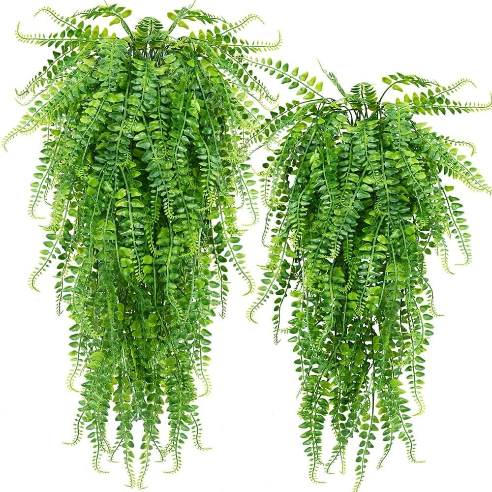 Faux Boston Ferns Indoor/Outdoor – 2 Pack of UV Resistant Hanging Plants