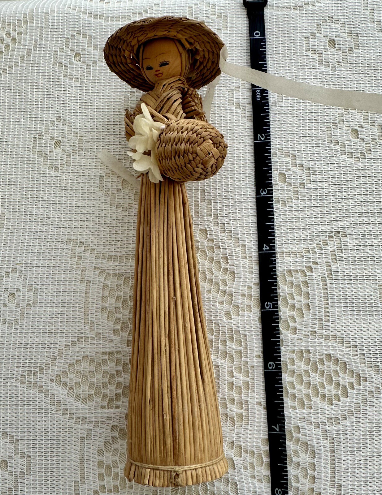 2 Vintage Artisan Corn Husk & Wood Dolls Broom Straw Girls Basket Flowers & Hat