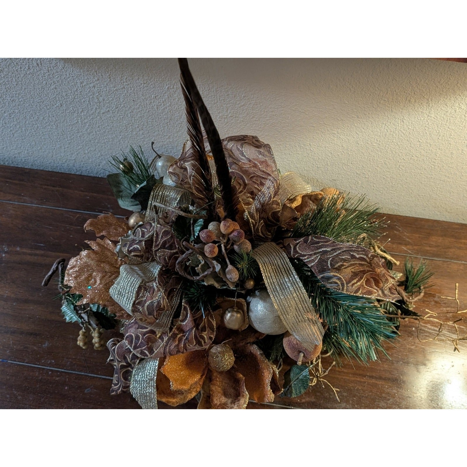 Rust Tan Gold Floral Autumn Fall Thanksgiving Centerpiece Pheasant Feathers