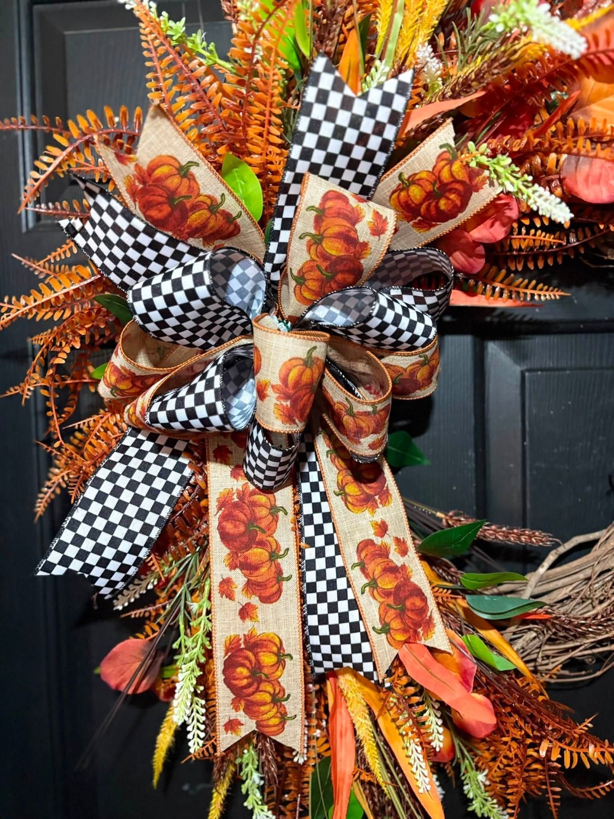 Handmade Fall Black & White Checkered Pumpkin Fern Wreath, Autum Decor, Seasonal