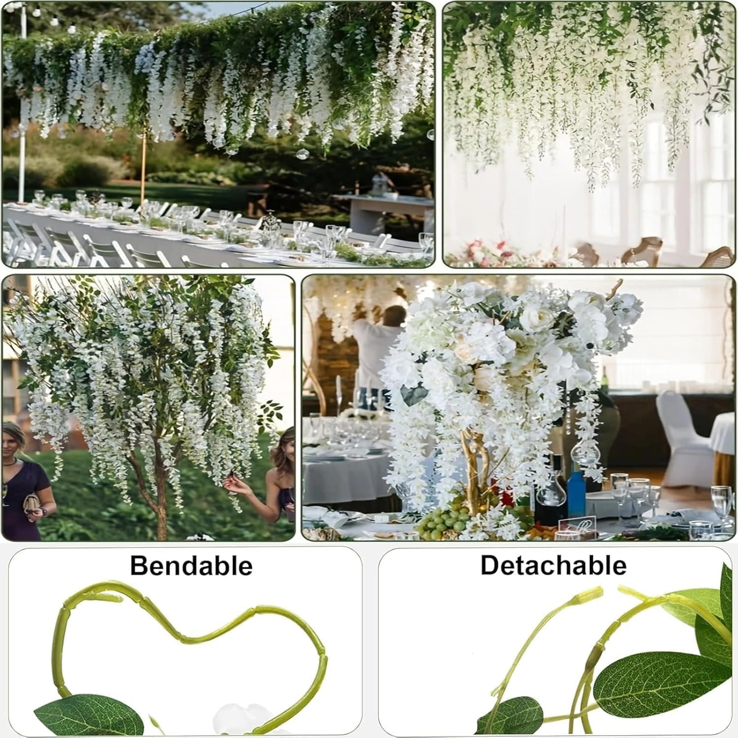 30 Branches White Wisteria Hanging Flower Vines for Wedding Decor | Artificial W