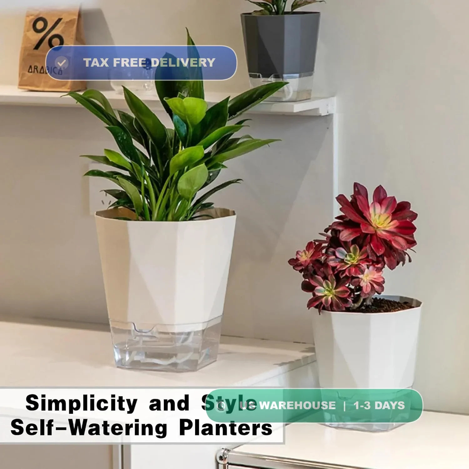 4 Packs Self Watering Plant Pots, Plastic Flower Pots with Drainage Hole and Sau