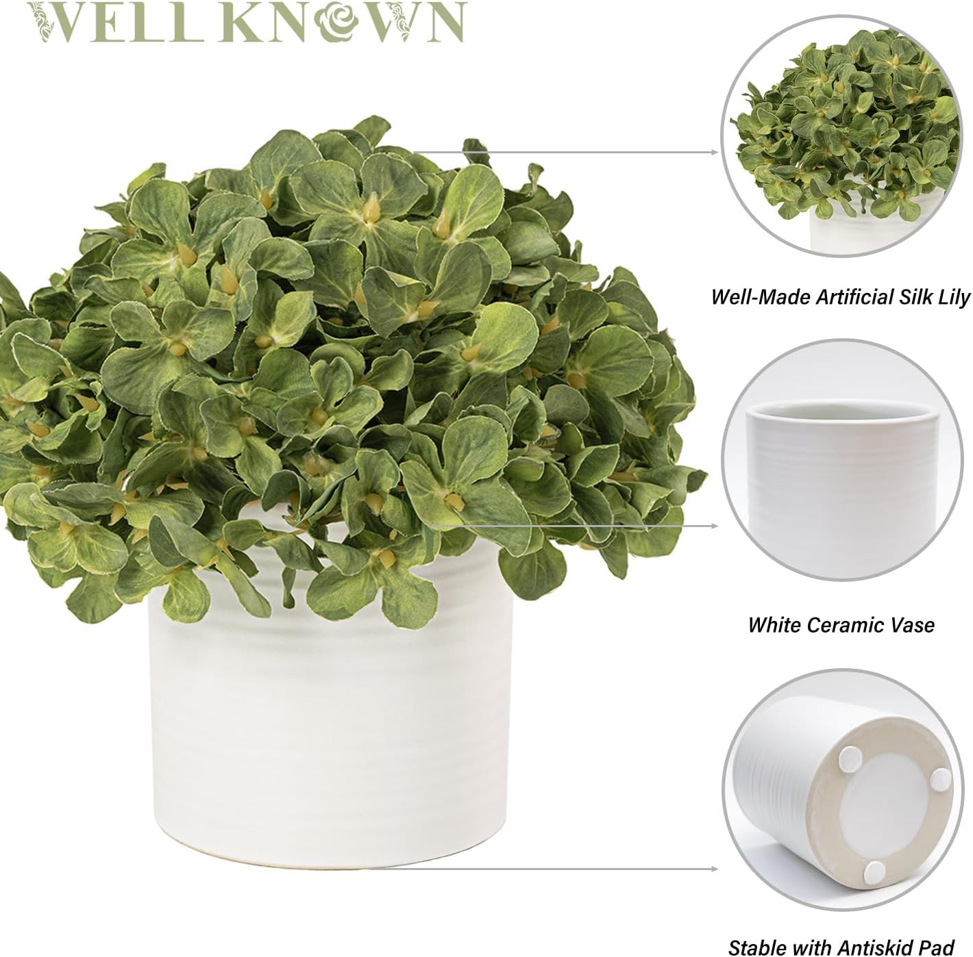 Artificial Hydrangea Flowers in Ceramic Vase for Home Decor – Green