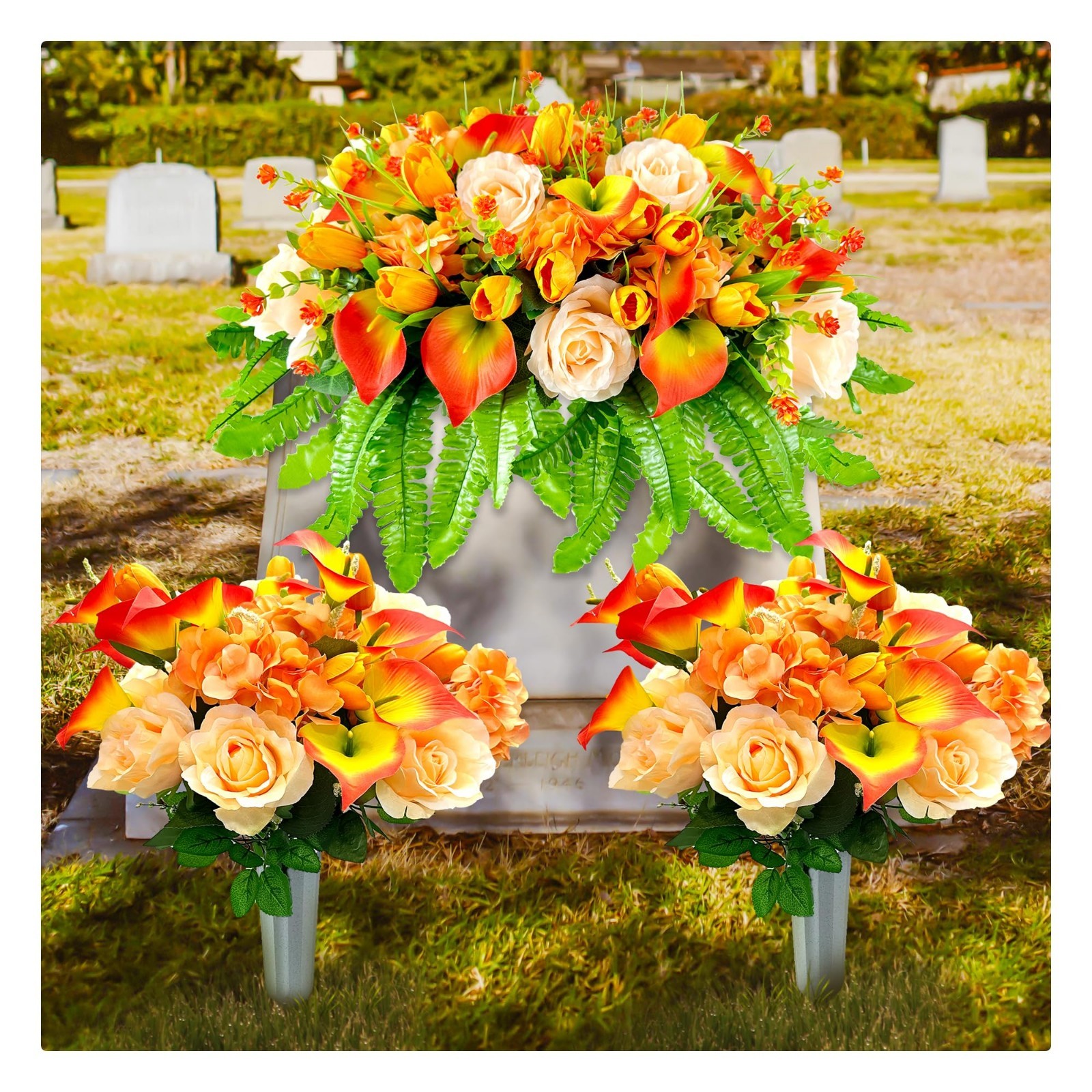 Artificial Cemetery Flower Saddle – Tulips & Roses for Grave Decoration, Sympath