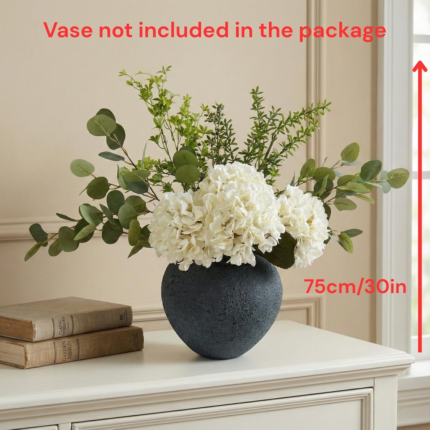 Faux Arrangement – Eucalyptus & White Hydrangea Flowers, Large Artificial Floral