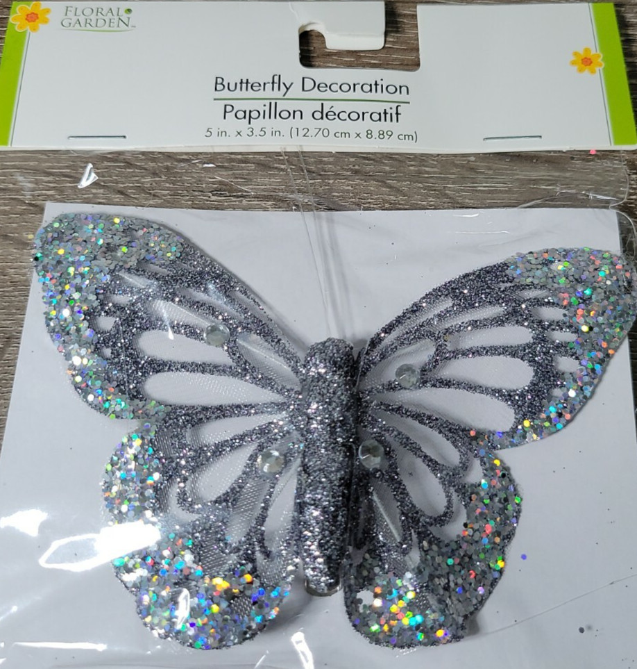 NEW! Floral Garden Sheer Rhinestone Glitter 5″x 3.5″ Silver Butterfly W/Clip-NEW