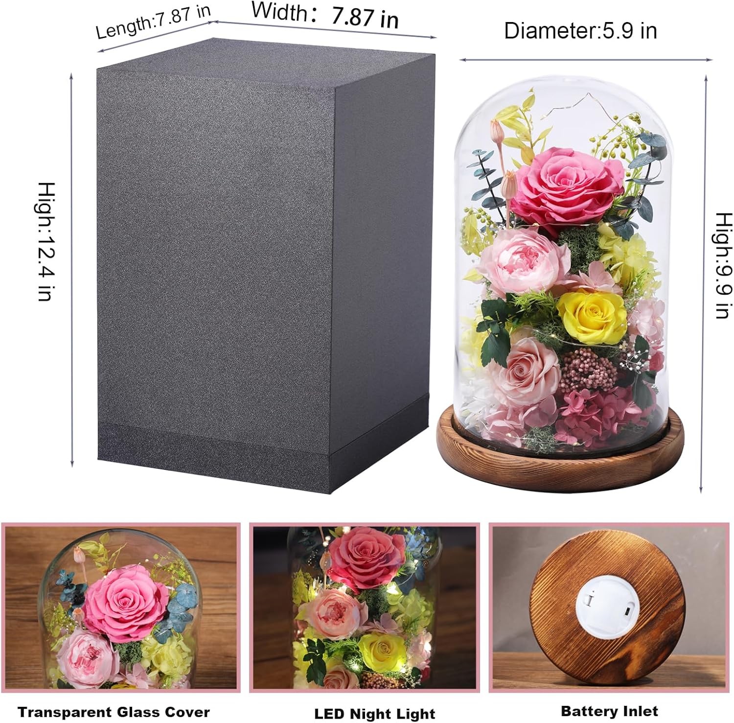 Flowers for Delivery Preserved Flowers Rose in Glass Dome,Pink Rose Forever Flow