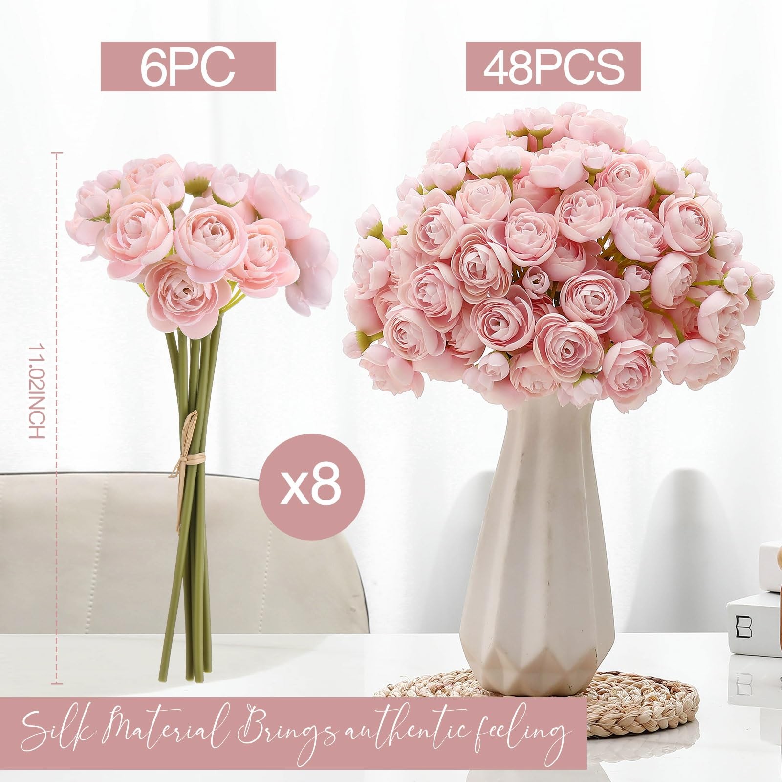 48 PCS Pink Silk Ranunculus Artificial Flowers Fake Peonies Wedding Decor