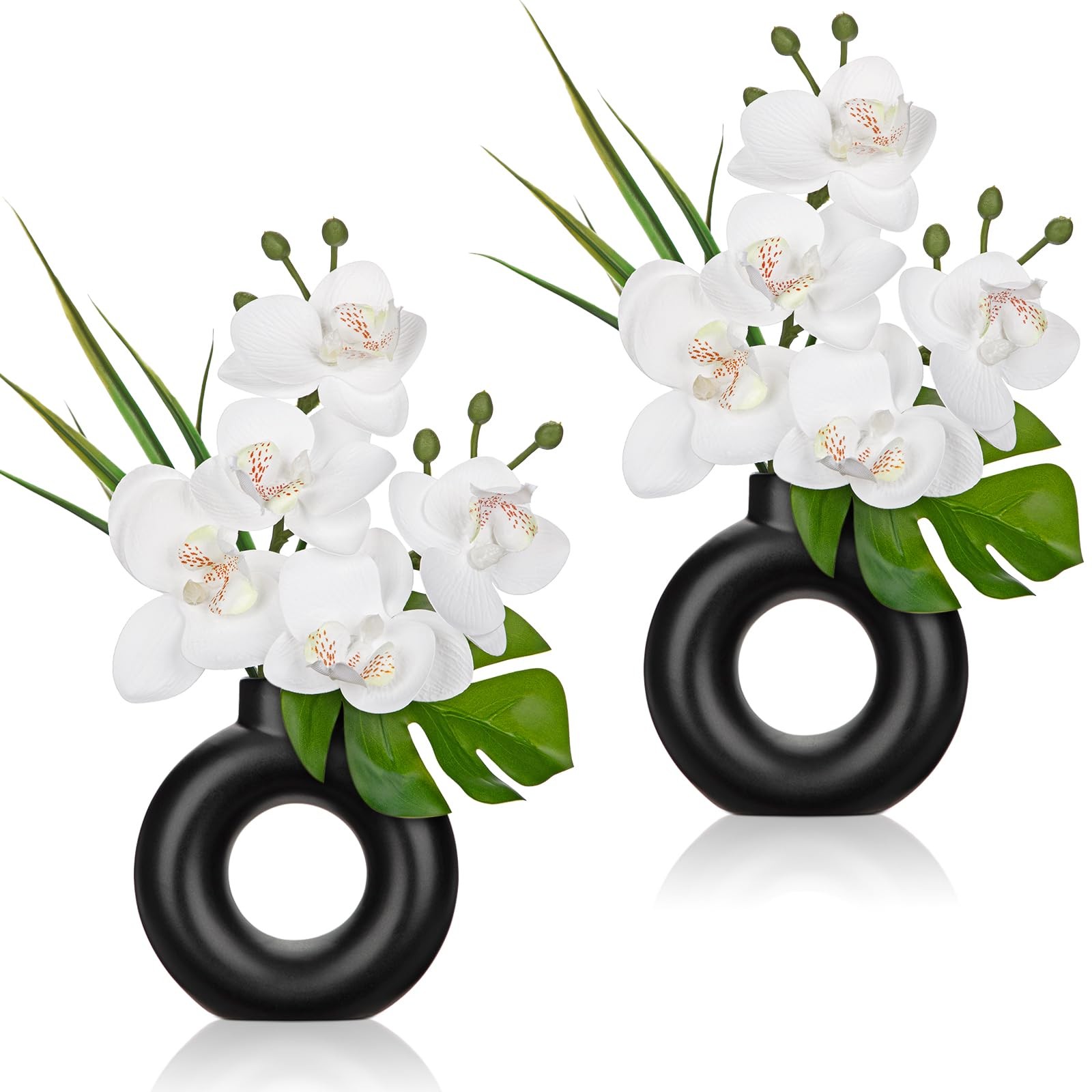 2 PCS White Artificial Orchid Silk Flowers In Black Pot Home Table Centerpiece