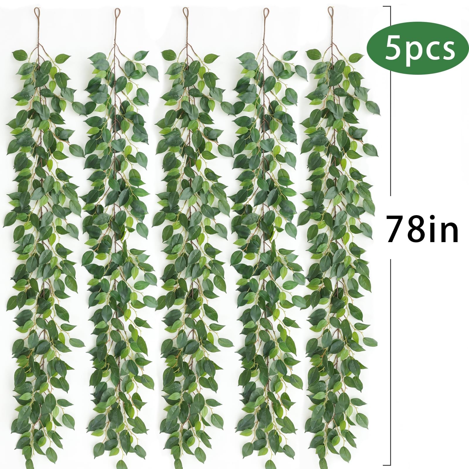mizii 5 Packs 390″ Artificial Vines Ficus Garland Fake Vine Silk Green Leaves…