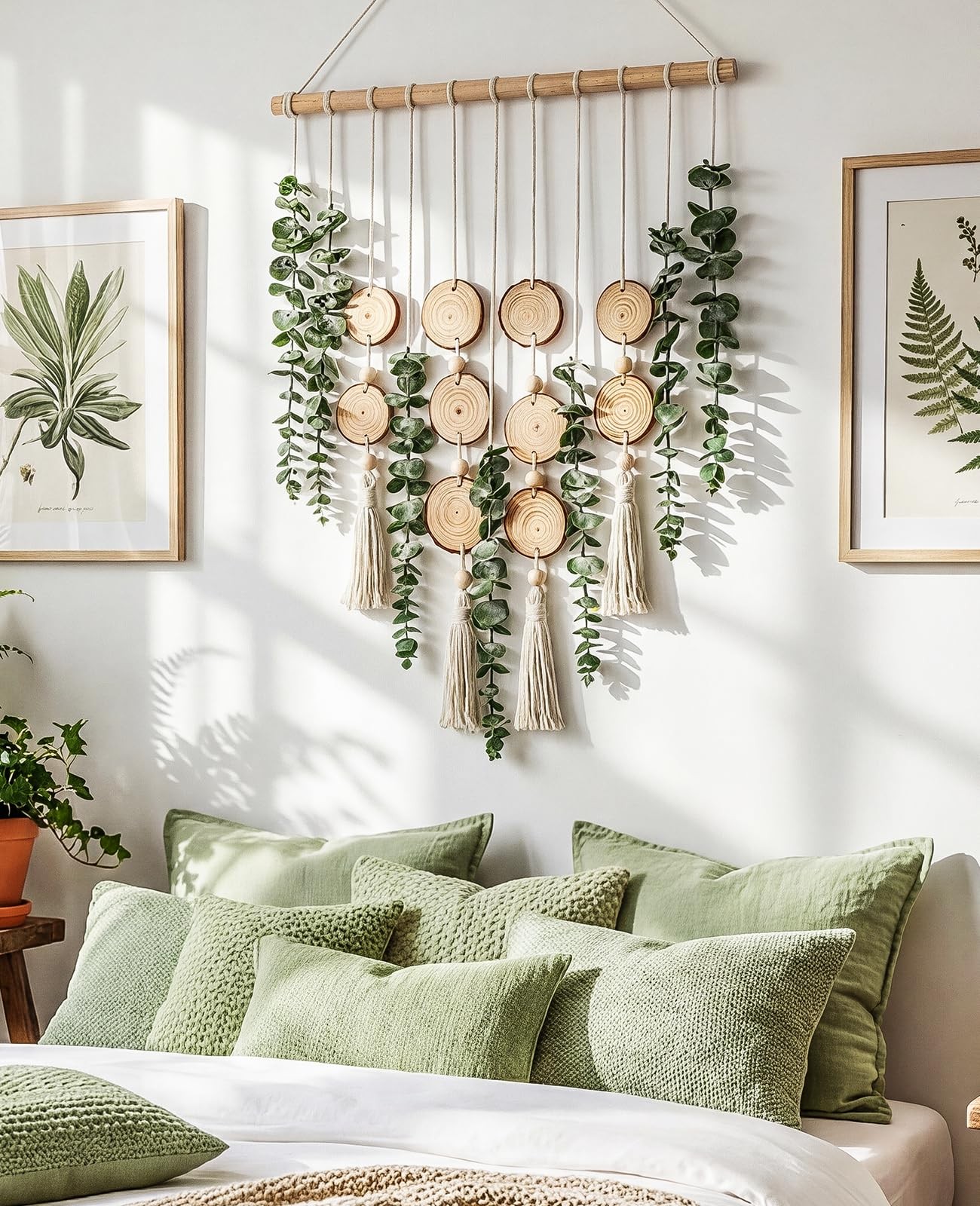 Artificial Eucalyptus Wall Hanging, Fake Greenery Leaves Stems with Wood Slic…