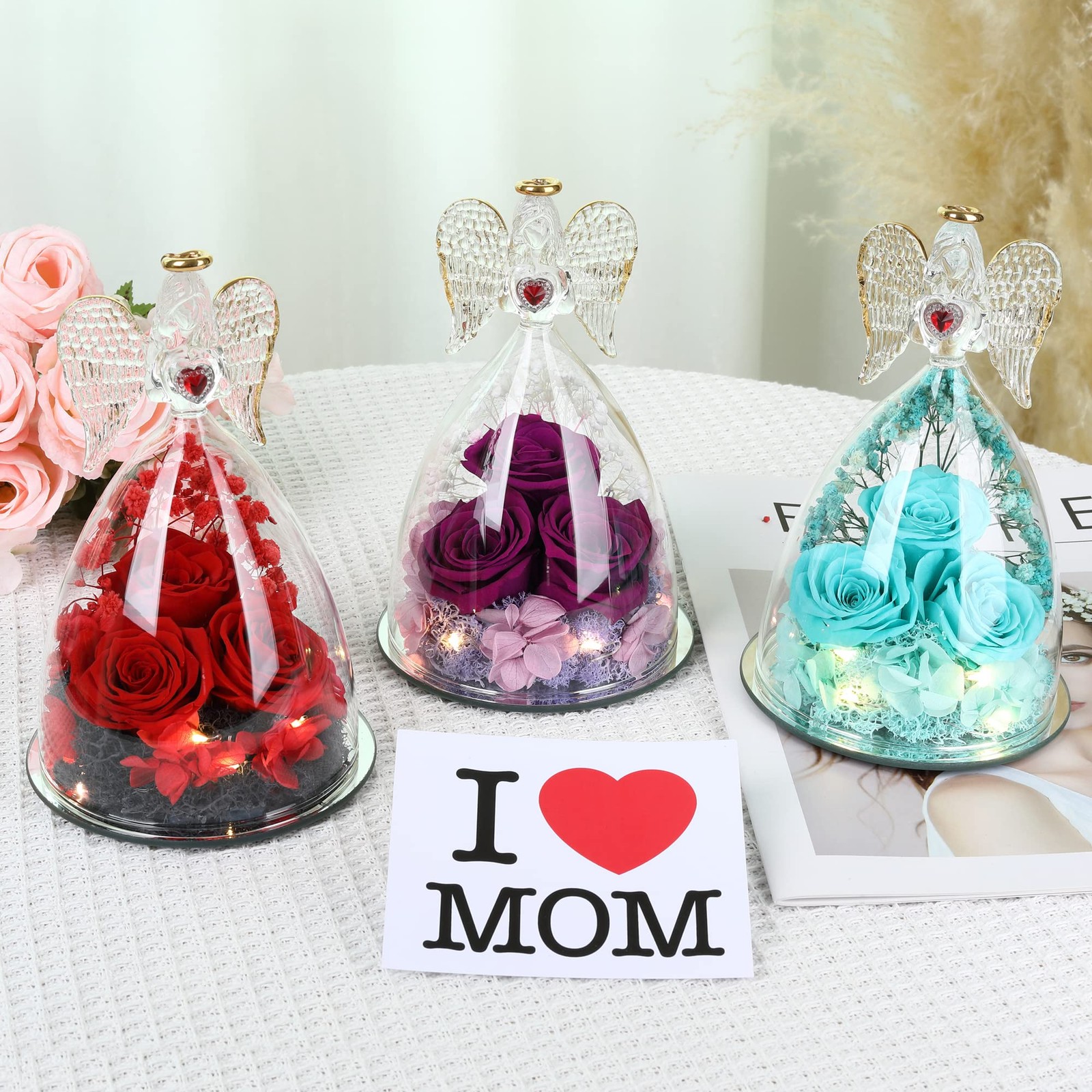 Preserved Real Rose Red Large Angel Figurines Flower Gift for Her Decor Art