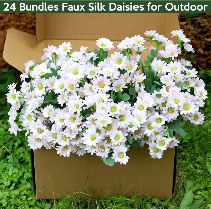 24 Bundles Artificial Daisy Flowers for Outdoor – Fake Mums Faux UV Resistant…
