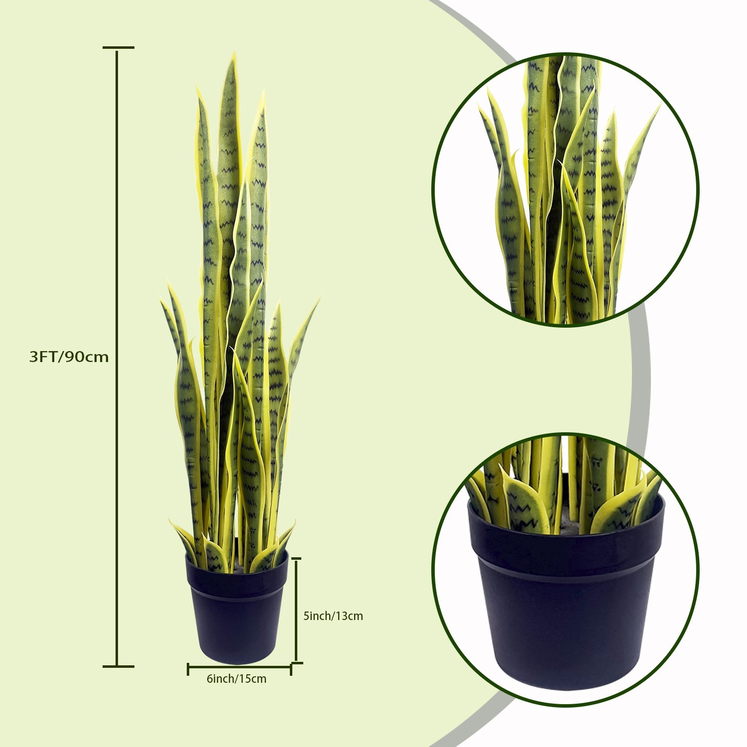 90cm Golden Edge Artificial Snake Plant with Tall Black Planter Minimalist House