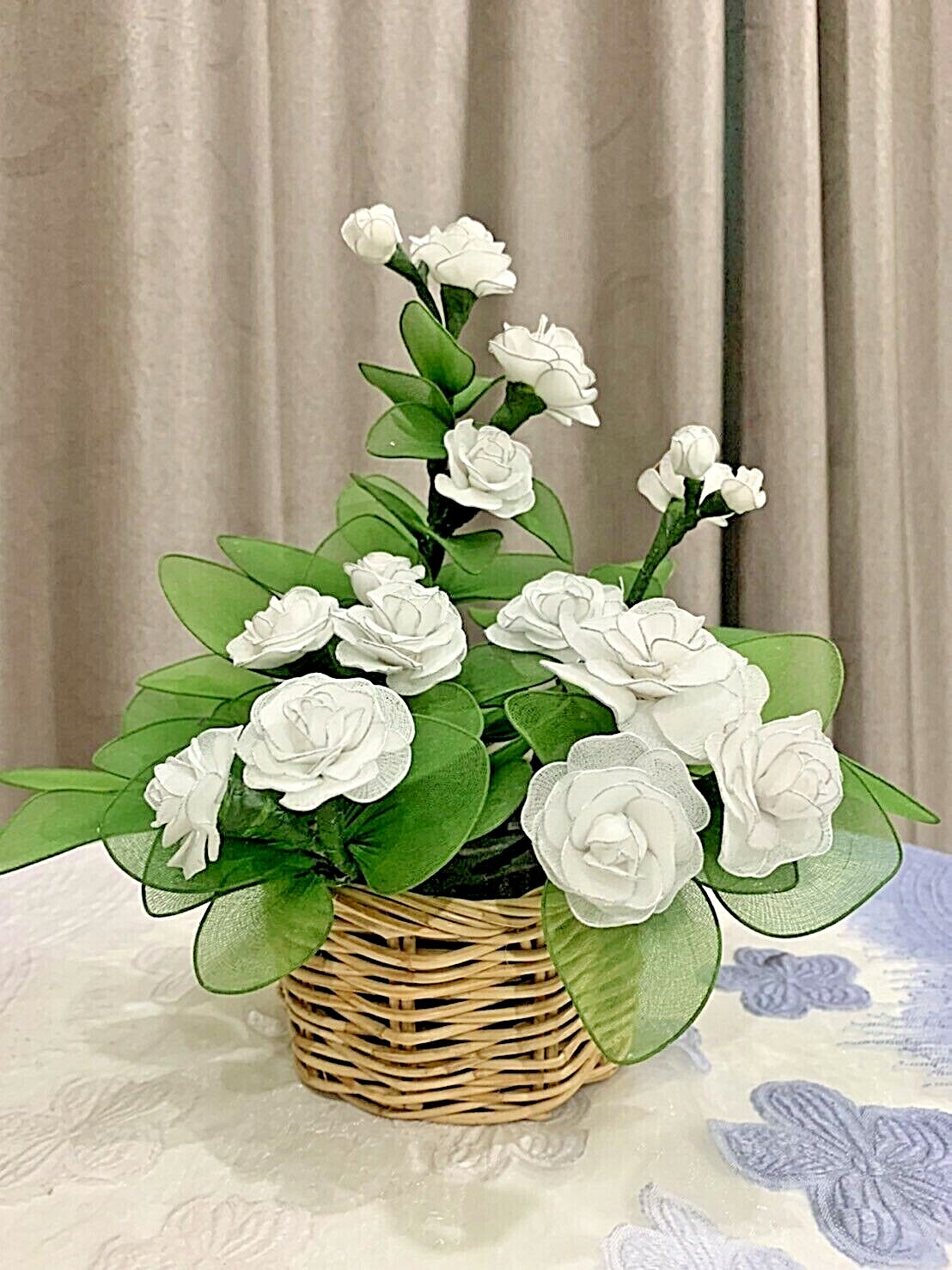 1Set Jasmine Flower & Rattan Vase Thai Cherry Nylon Fabric Artificial Handmade