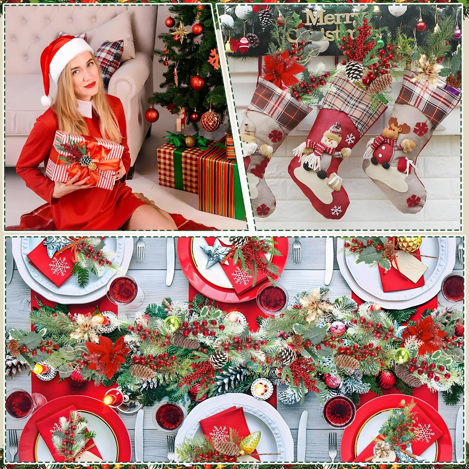 Artificial Christmas Picks 8 Pack Red Berries Stems Evergreen Faux Pine Branc…