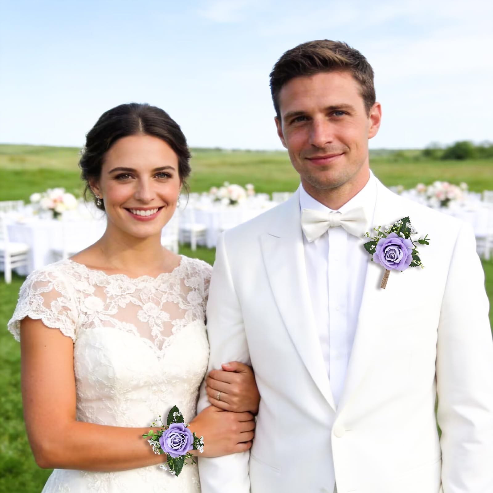 2Pcs Purple Wrist Corsage and Men Boutonniere Set, Artificial Flower Wristlet…
