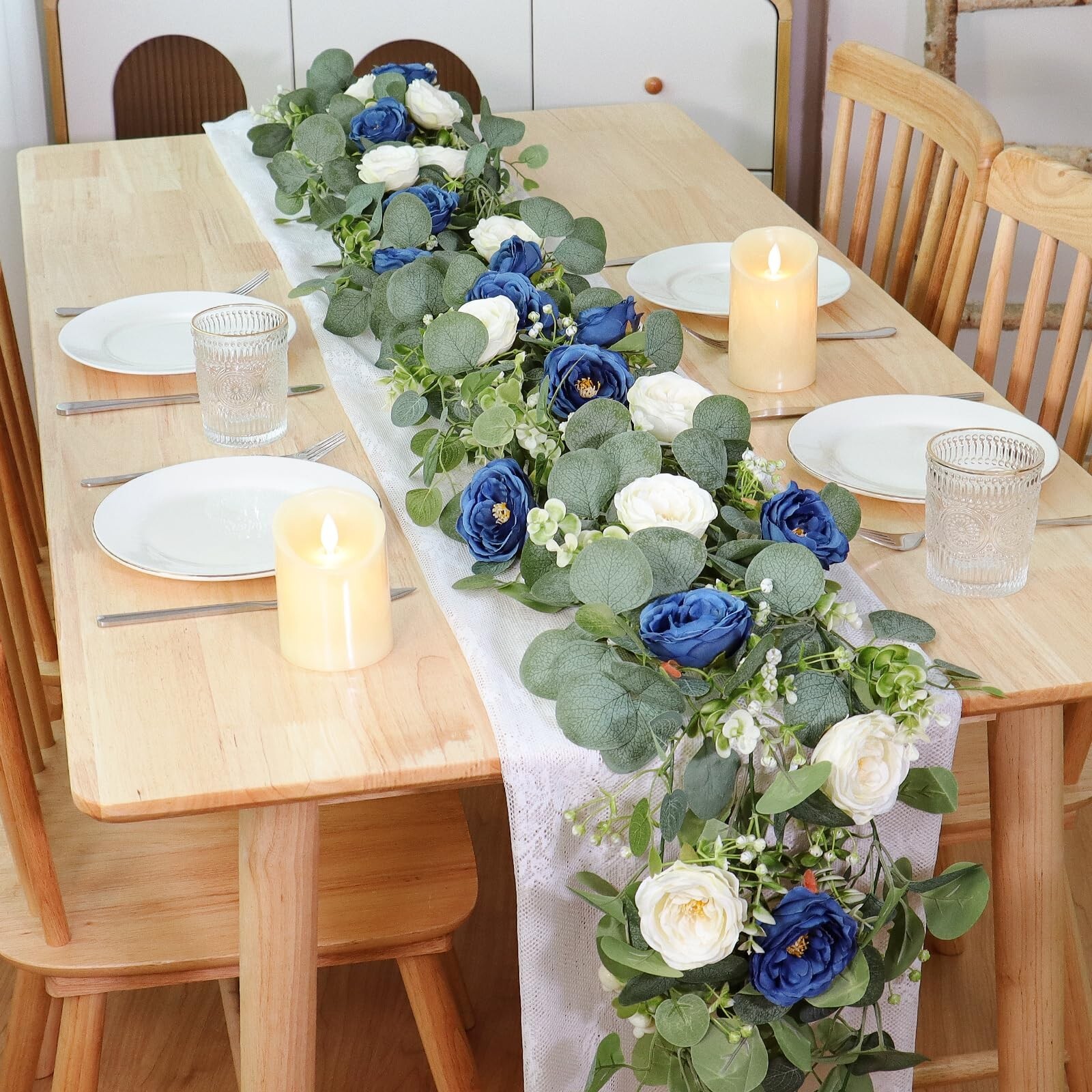 TOCHGREEN 4 Pack Artificial Eucalyptus Flower Garland with White and Blue Ros…