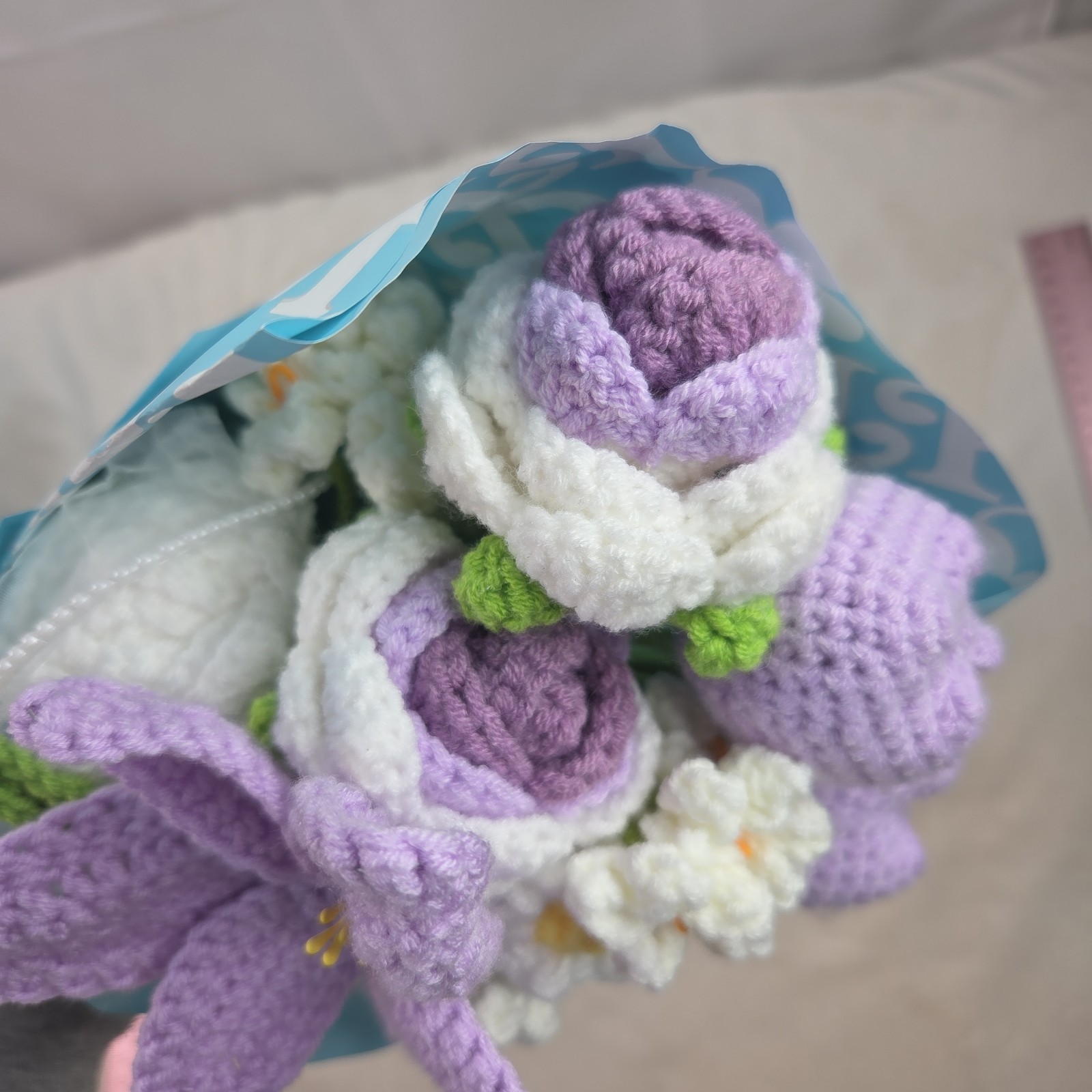 Crochet Flower Bouquet Purple Handmade Knitted Flowers Rose Tulips Bunch Bundle