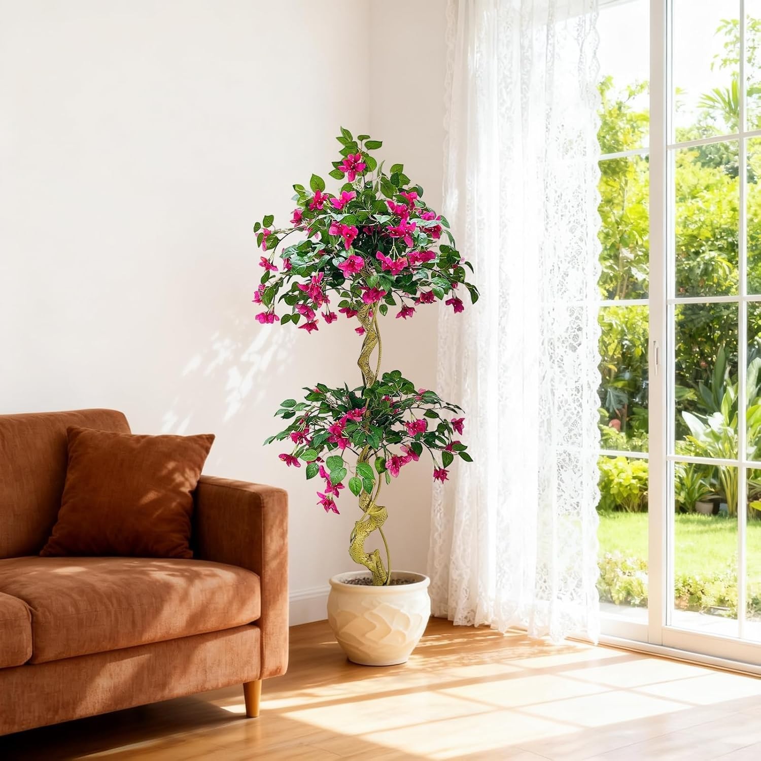 5FT Artificial Bougainvillea Tree in White Pot Fake Pink Flower Decor Faux Plant