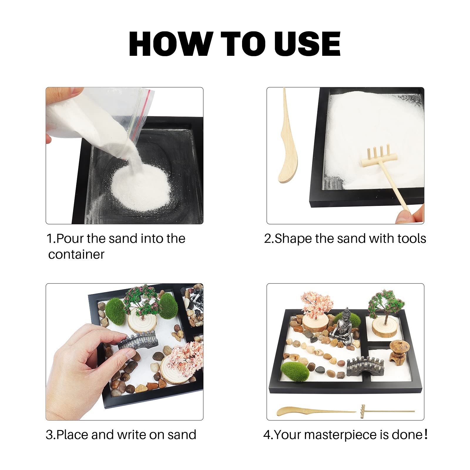 Sakura Budah Desktop Mini Zen Garden – 9″ x 7″ with White Sand, Artificial Bo…