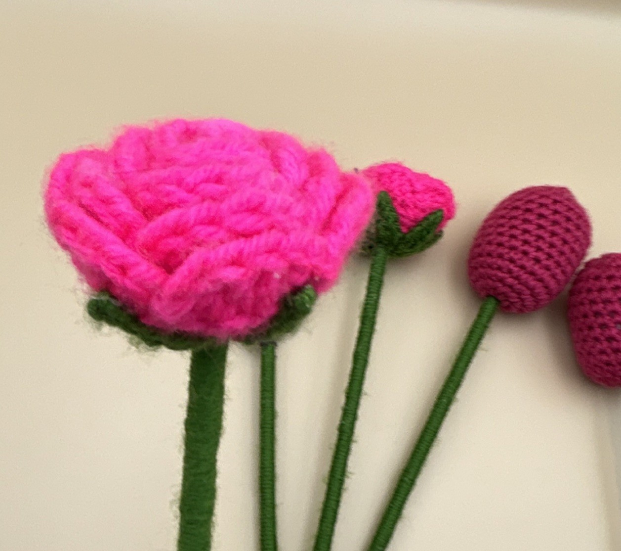 Handmade Yarn Crochet Flower Bouquet Pink Purple Green Rose Lavender Tulip