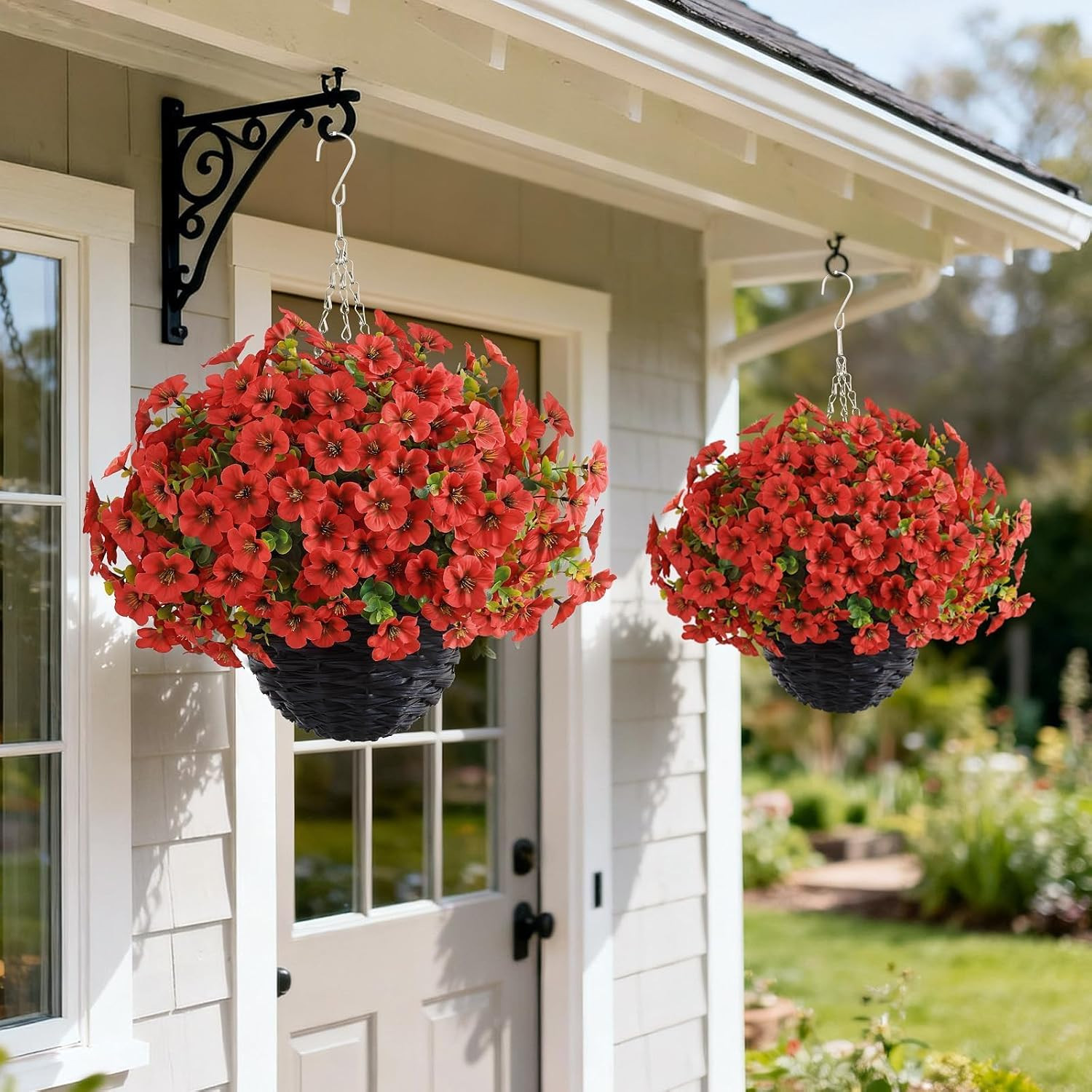 Red Artificial Morning Glory & Eucalyptus Hanging Baskets for Outdoor Decor