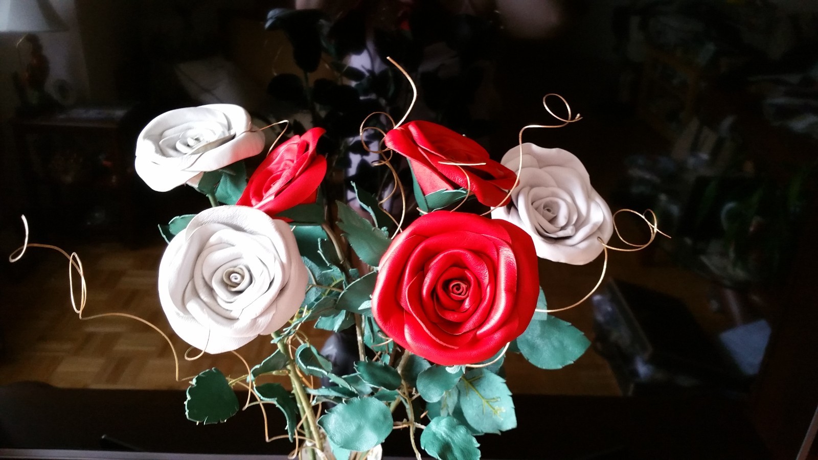 3rd Anniversary Wedding Gift Leather rose bouquet Long Stem white Flowers