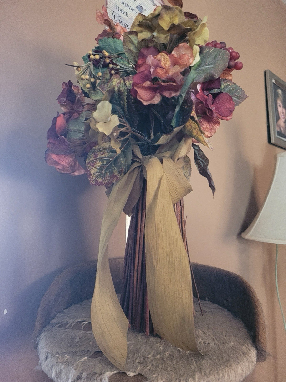 Artificial Hydrangea Bouquet w/Stick Style Vase, Mix Of Cream, Burgundy, & Green