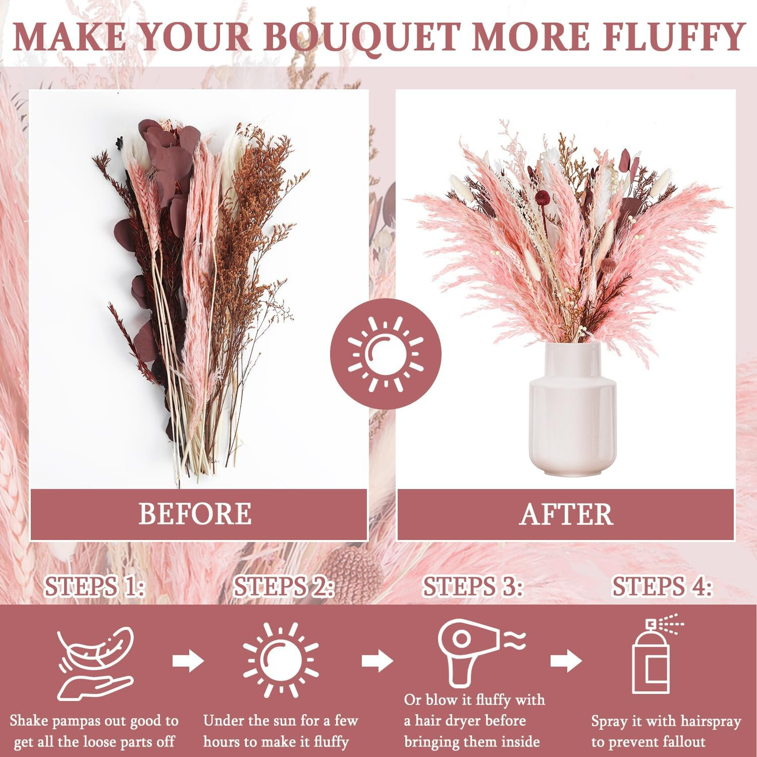 17 Inch Natural Dried Flowers Bouquet Pink Pampas Mix Dry Floral
