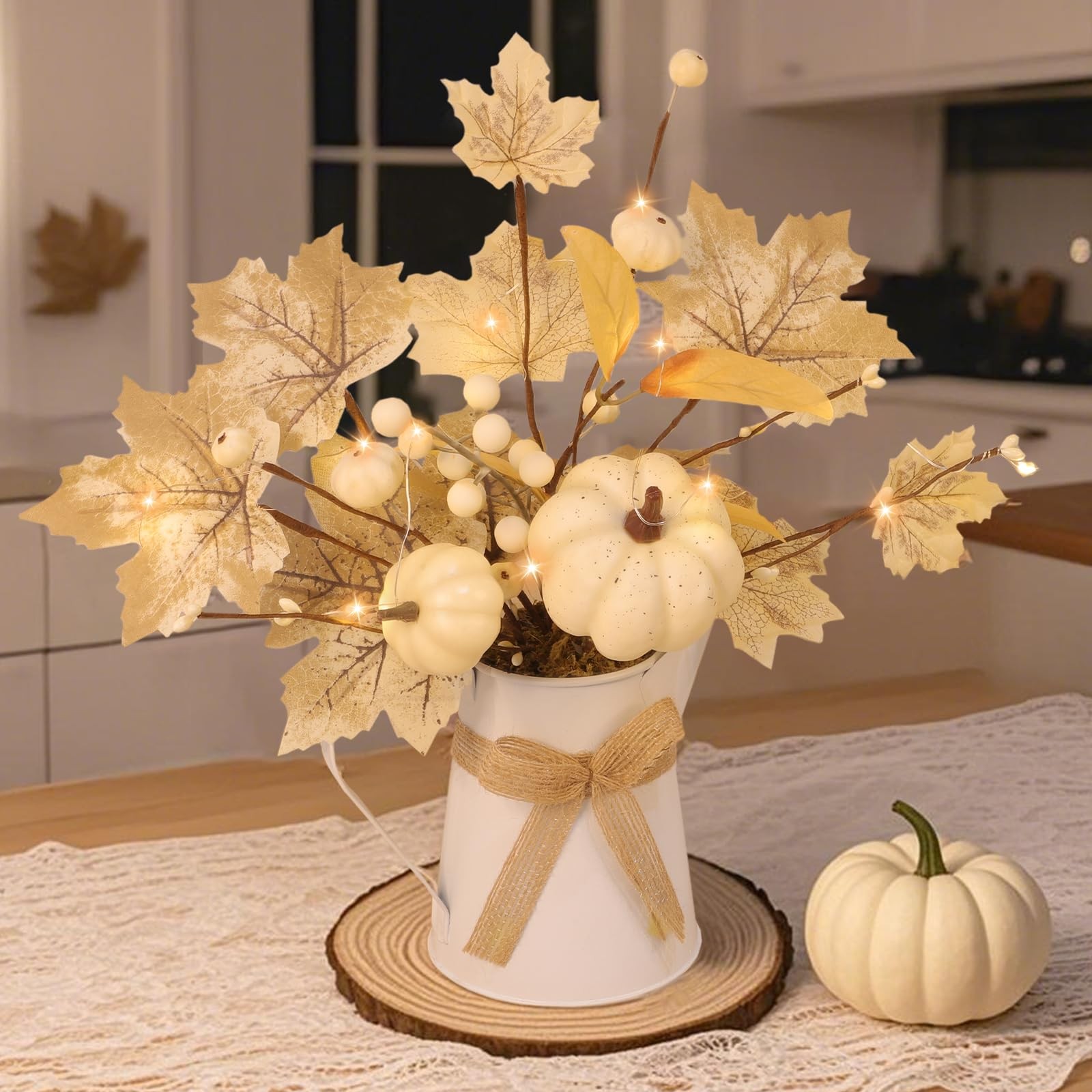 [Light & Timer] Fall Decor Table Centerpiece Potted White Maple Arrangement i…