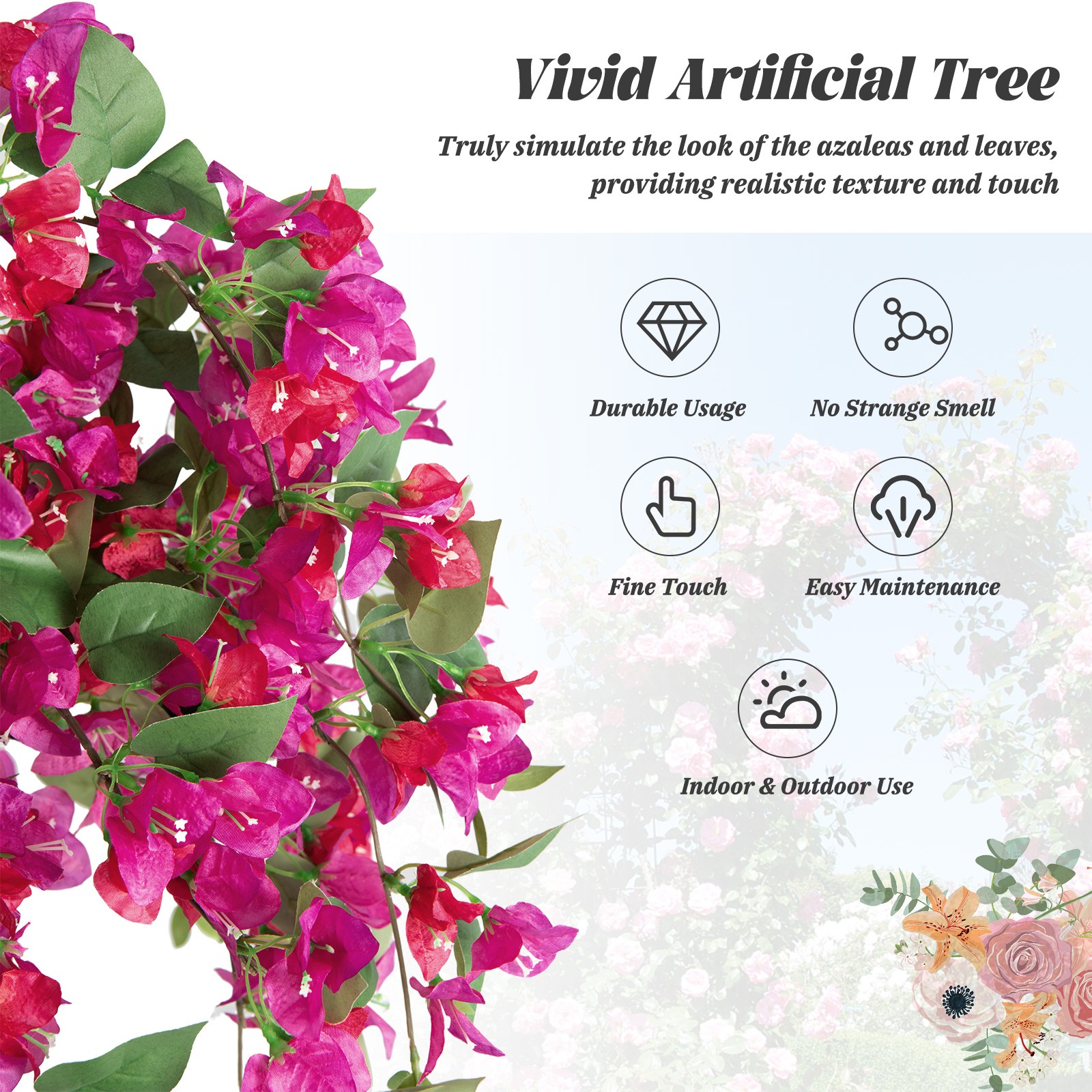 4.5 FT Artificial Azalea Tree Fake Potted Plant with 312 Flowers & 624 Leaves