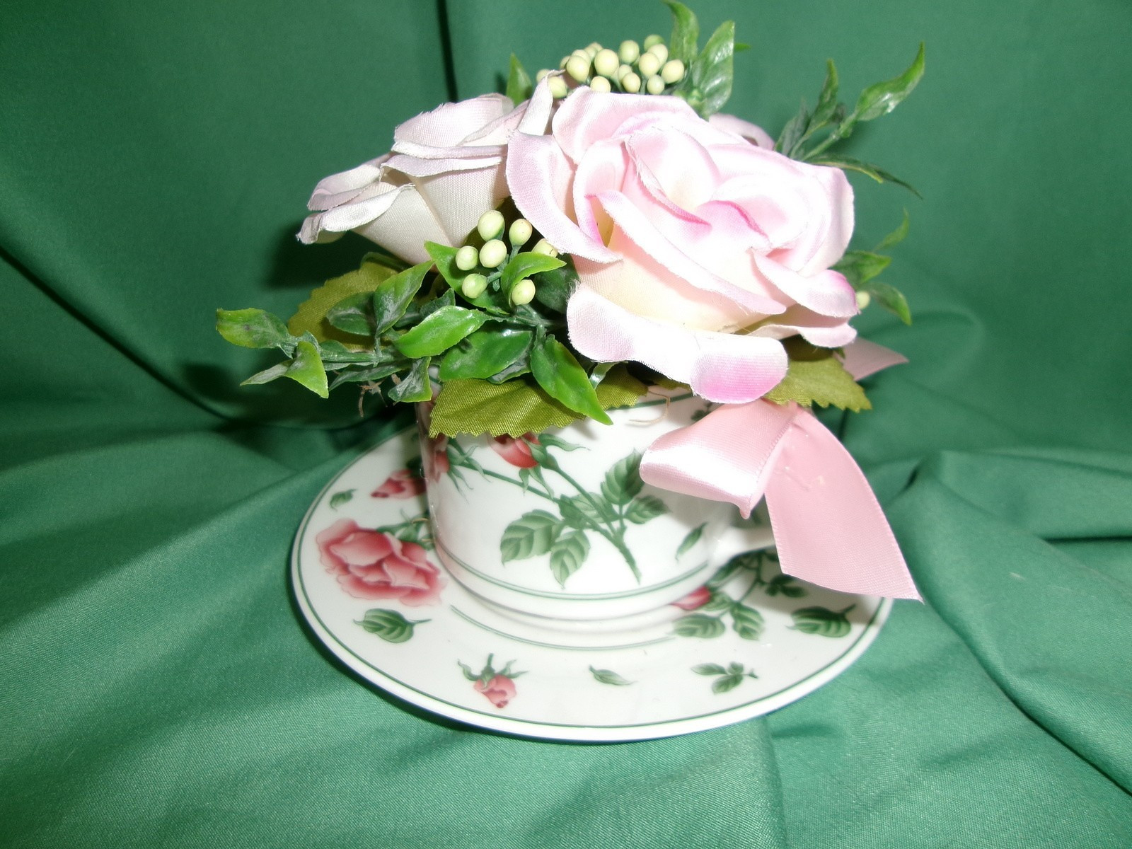Floral Arrangement Vintage Cup Saucer Pink Silk Rose Home Decoration Accent New