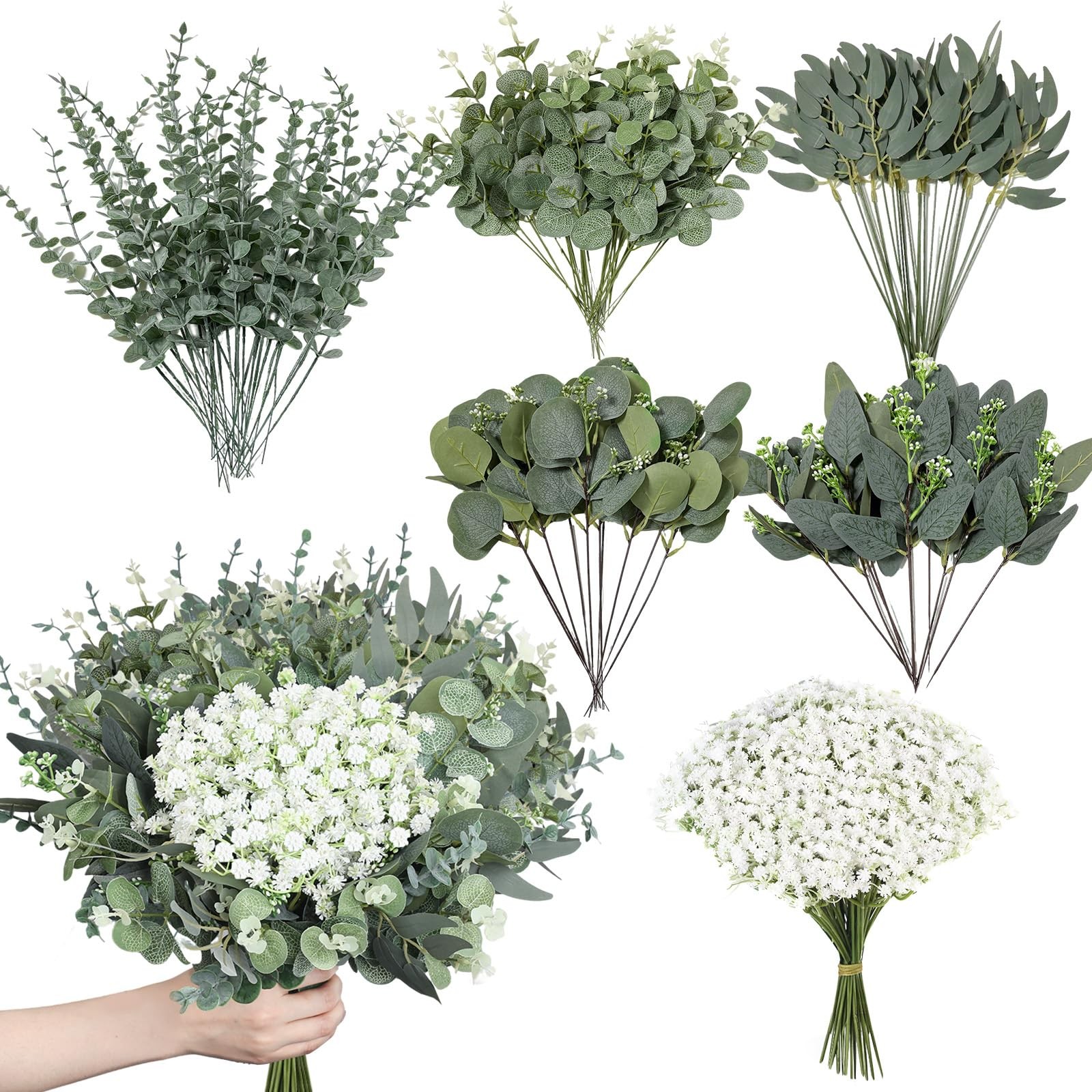 120 Pcs 6 Mixed Eucalyptus Greenery Stems, Baby Breath Flowers Artificial Bul…