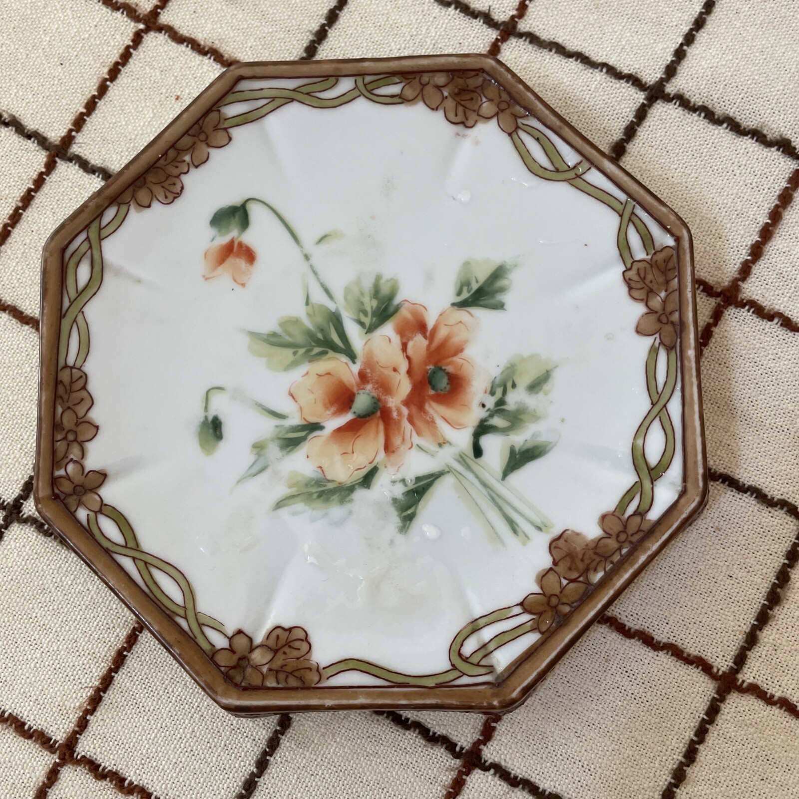 Antique NIPPON porcelain footed Planter Plate Poppy flowers Sun mark