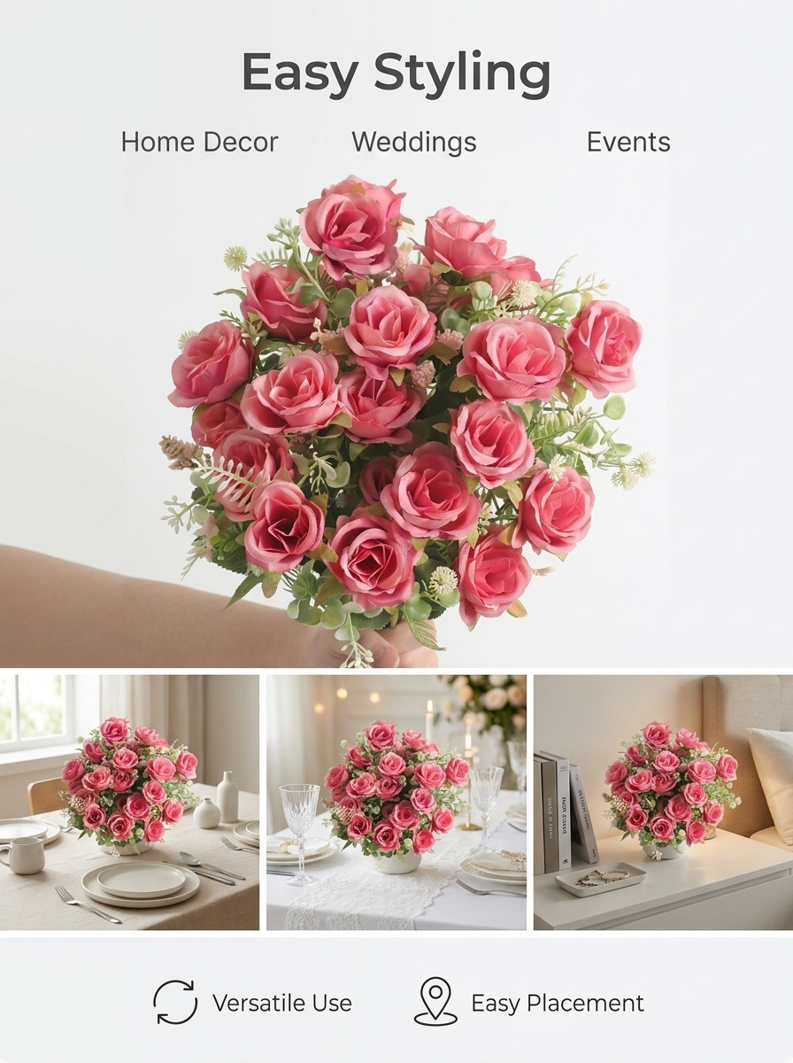 Artificial Rose Bouquet Set of 3 Pink Silk Flowers Wedding Home Decor 12in